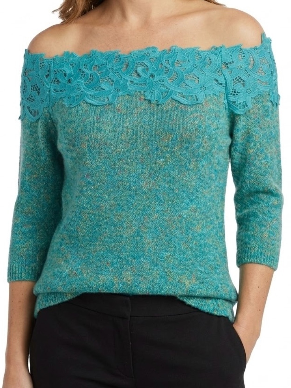 ANDTHEWHY Scalloped Lace Trim Off Shoulder Sweater Marled Teal Green S Like New